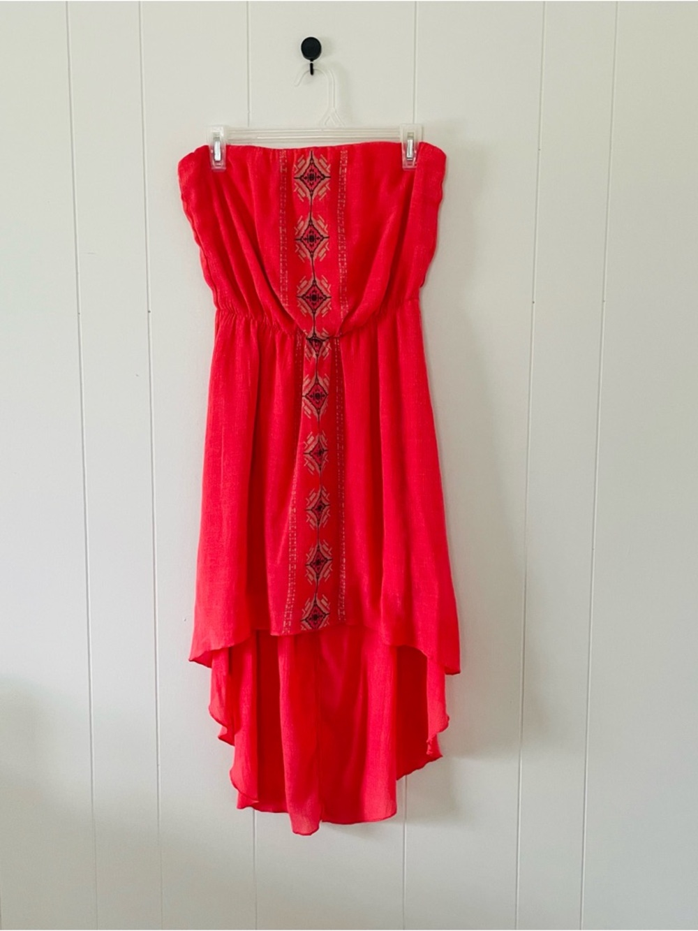 Trixxi Strapless High-Low Dress in Bright Coral Pink with Embroidered Panel